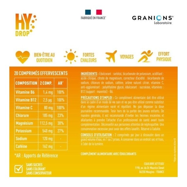 Granions Hydrop Boost Caféine Vitamines et Minéraux comprimés