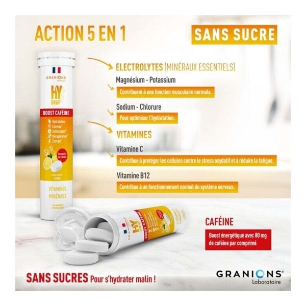Granions Hydrop Boost Caféine Vitamines et Minéraux comprimés