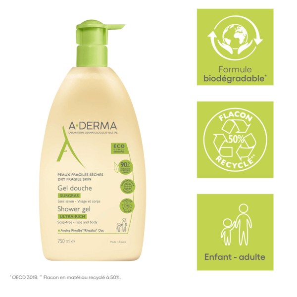 A derma gel douche surgras avoine Nettoyant peaux sèches, atopiques