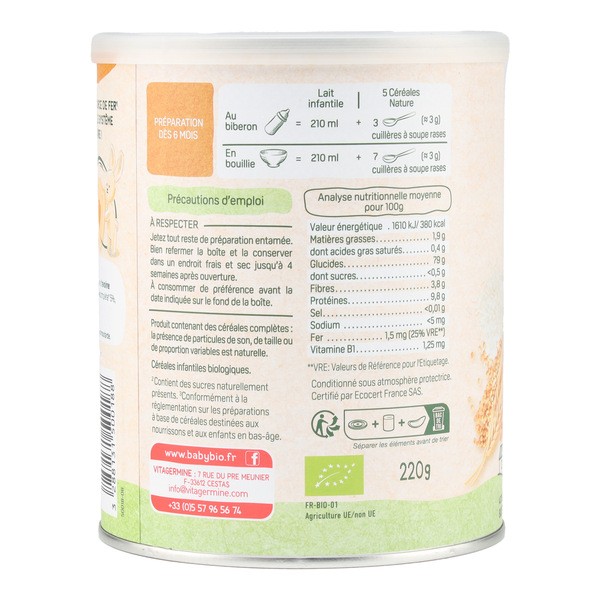 Babybio 5 céréales nature Riz Blé Avoine Seigle Quinoa