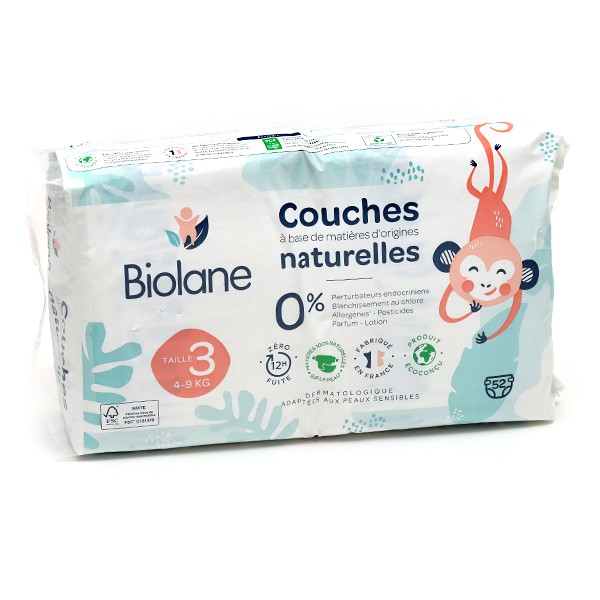 BIOLANE - Couche Taille 1 - (2-5 kg) - Peaux Sensibles - Ultra-Absorbant,  Pas de Fuite, 12h au Sec - Pack 1 mois 168 couches - Ecoresponsables 