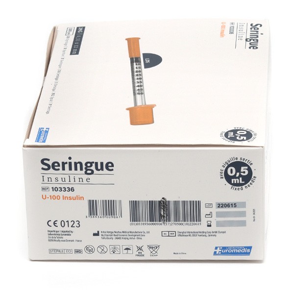 Euromedis seringue à insuline avec aiguille apyrogène 29 G - Diabète