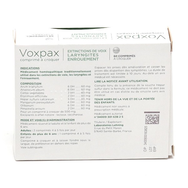 Voxpax comprimés de Lehning - Laryngite et Enrouement - Homéopathie
