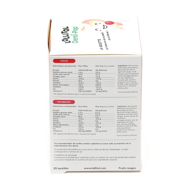 Lollitol Denti Pop sucettes au xylitol fraise et framboise Anti carie