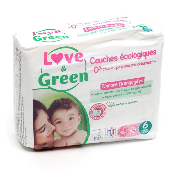 Couches jetables Love and green taille 6 (+ 15 kg) paquet 34 couches
