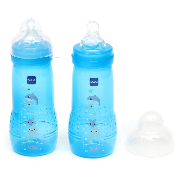 MAM - Biberons Easy Active 6+ mois (2 x 330 ml) Bleus – Lot de 2 biberons  avec tétine en silicone débit X vitesse ultra-rapide – Biberons pour bébé