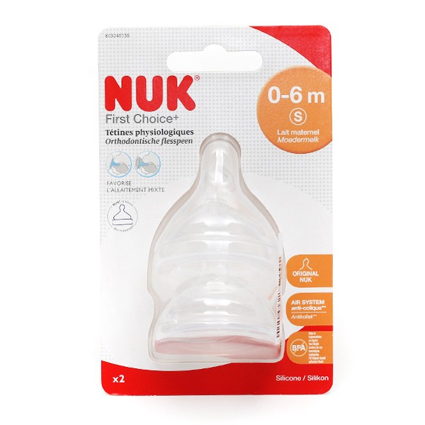Nuk First Choice Pack 2 0-6 mois Silicone Tétine avec petit fil trou 