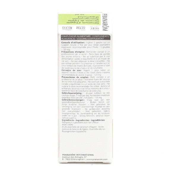 Pranarôm Géranium d'Egypte Huile Essentielle Pelargonium x graveolens  Feuille HECT 10 ml