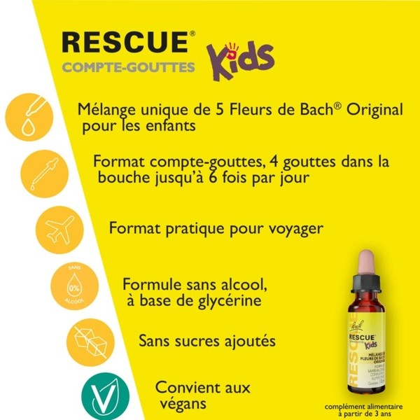 Rescue Kids gouttes sans alcool Fleurs de Bach - Anti Stress enfant