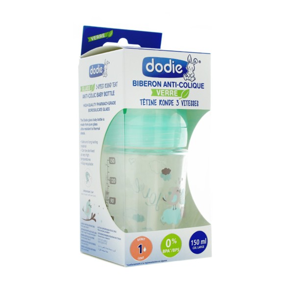 dodie® Biberon verre anti-colique tétine ronde 270 ml Oiseau 1 pc