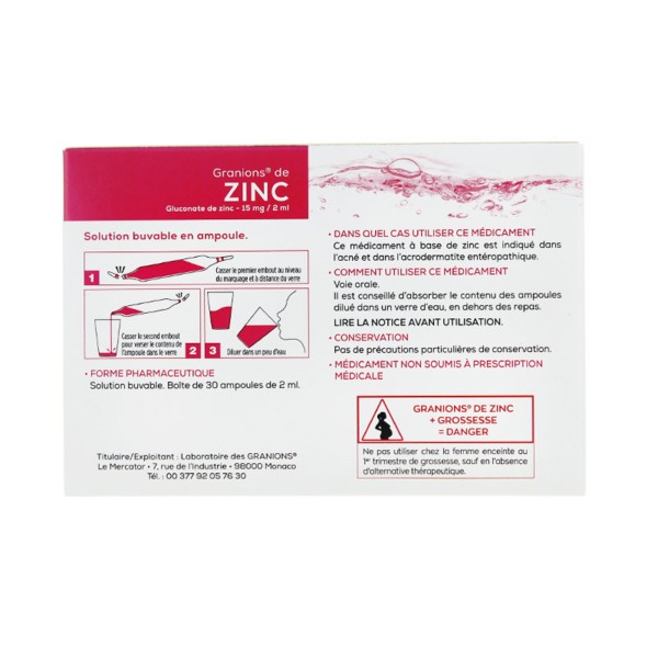 Granions de zinc 15 mg / 2 ml 30 ampoules buvables Acné inflammatoire