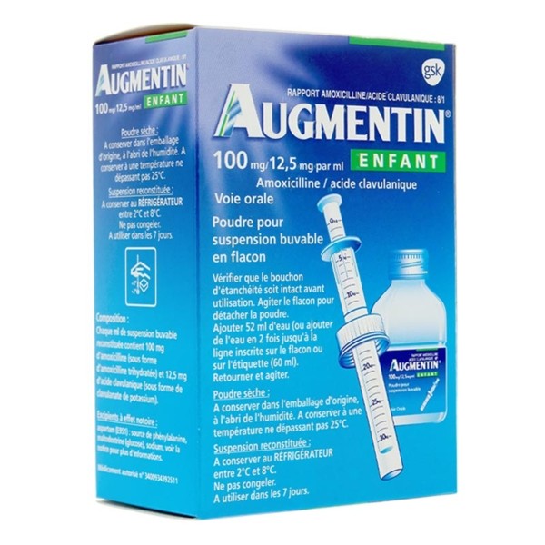 Augmentin 100mg/12,5mg/mL enfants sirop antibiotique Sphère ORL