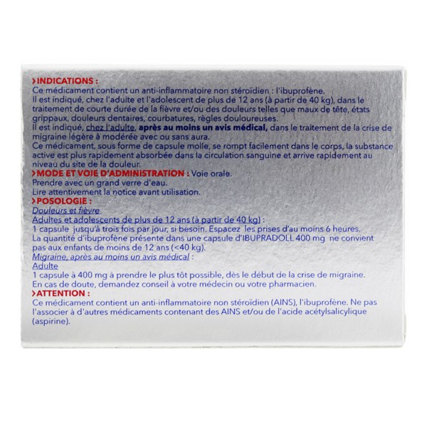 Ibupradoll 400 mg adulte 10 capsules Ibuprofène Soulage douleur et migraine