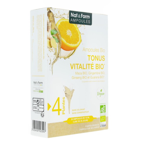 Nat & Form Tonus Vitalité bio 20 ampoules Maca, Gingembre, Ginseng